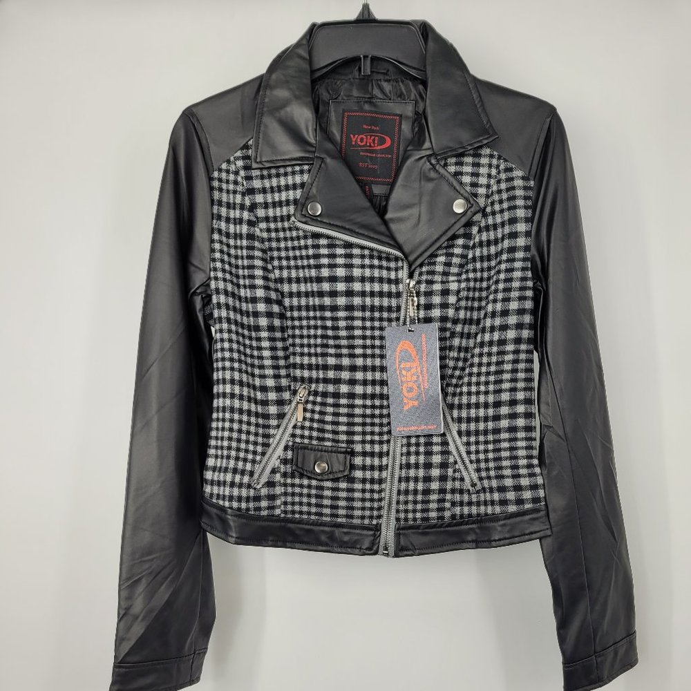 Yoki New York Great!  Womens Moto Jacket Black White Plaid Full Zip Vegan M New